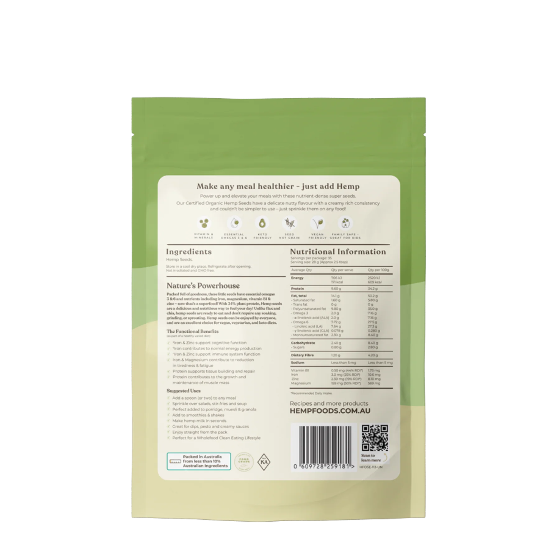 Side view of Hemp Foods Australia Organic Hemp Seeds 1 kg bag